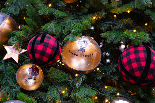 Polo Ralph Lauren Flagship Store Christmas Tree Baubles, Decorations, Ornaments, New Bond Street, Mayfair, London, UK - 30 December 2025