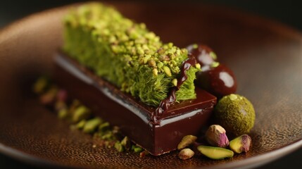 Indulge in this exquisite dessert featuring a rich chocolate base topped with a layer of pistachio, garnished with whole pistachios and cherries. Perfect for gourmet presentations and culinary inspira