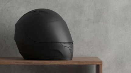 Unbranded matte black motorcycle helmet against grey concrete wall copy space