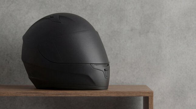 Unbranded matte black motorcycle helmet against grey concrete wall copy space - Powered by Adobe