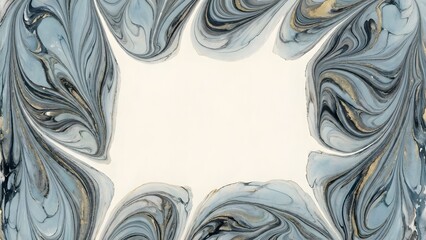 An ornate marble design frames a blank white space, showcasing swirling patterns in shades of blue and gold from a directly overhead viewpoint