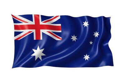 Australian national flag waving on white background.