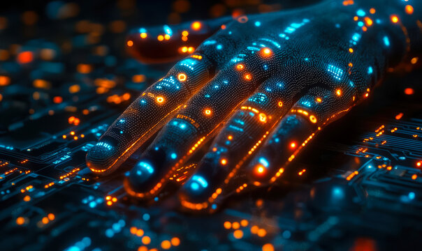Futuristic glowing robotic hand with blue and orange LED lights interacting with advanced digital circuit board technology representing artificial intelligence innovation and high tech automation - Powered by Adobe