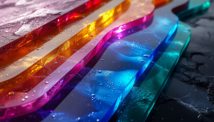 Glossy Rainbow Acrylic Sheets Layered with Dewdrops and Reflecting Vibrant Light on Dark Surface