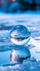 A Crystal Ball Resting on Ice with Frost Patterns and Forest Reflections in Cold Blue Morning Light