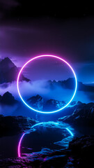 A Neon Circle Floating in a Surreal Mountain Landscape with Mist and Starry Night Reflections
