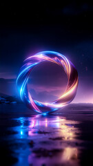 Glowing Twisted Neon Ring Standing on a Reflective Surface under a Starry Twilight Sky