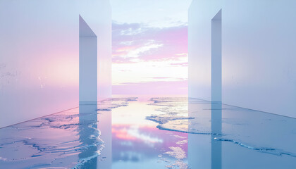 Pastel Sunset Reflected on Glossy Minimal Architecture with Melting Ice in a Dreamlike Scene
