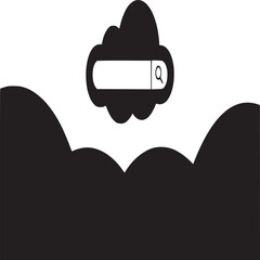 A black and white illustration of a cloud with a search bar floating above other cloud shapes