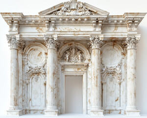 Hyperrealistic white marble entablature with ornate classical Corinthian columns and detailed architectural carvings on white background featuring pediment and decorative archway