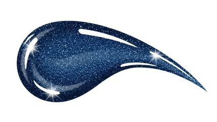 Glittery navy paint droplet swatch with glossy highlights isolated.