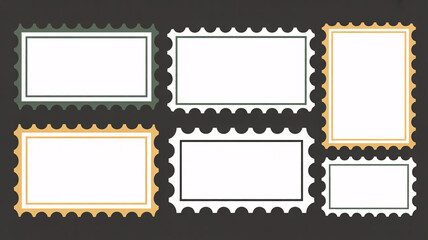 Collection of blank white postage stamp templates with colorful borders
