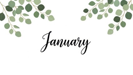 January hand lettered month with botanical watercolor leaves.