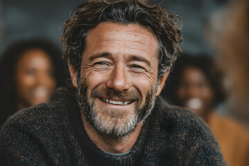 An adult man, looking happy, talking with random people from the group therapy.