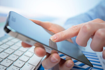 A woman works with a smartphone in the office, on a report. Close-up of her hands. 	