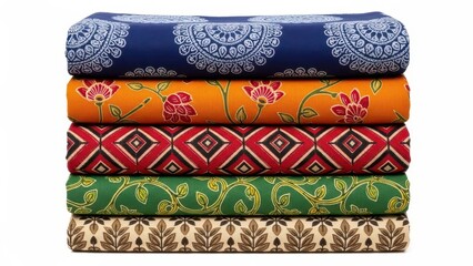 Stack of colorful patterned fabrics folded on white background.