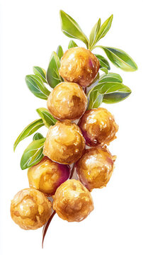 Appetizing golden macadamia nuts watercolor illustration, natural harvest of round brown nuts and fresh green leaves on white.