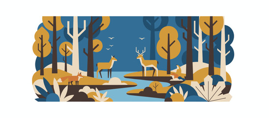 Obraz premium Old stone and wood water well with a bucket and rope stands in a rustic forest clearing in a hand-drawn graphic illustration style with bold outlines and a limited color palette