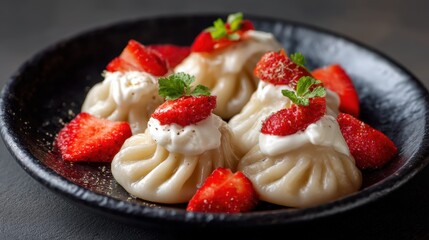 A plate holds dumplings topped with cream and fresh strawberries. The scene appears bright highlighting the food's details and textures creating an inviting atmosphere.