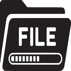 A black and white file folder icon with a loading bar and the word file written on the folder