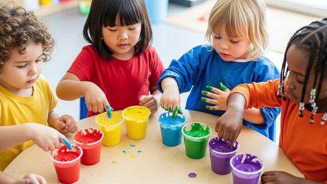 diverse group of preschool children finger painting with bright gouache on table for early childhood education blogs, daycare websites, creative kids development and art school posters