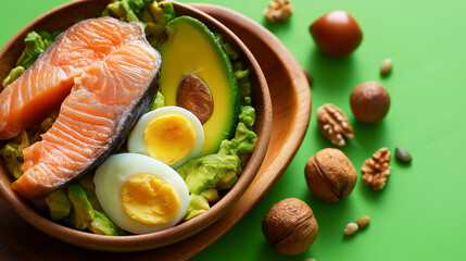 Keto diet concept, salmon avocado eggs, nuts seeds, bright green background, top view, low-carb nutrition, healthy eating , with copy space