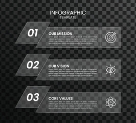 Modern business infographic template with mission, vision and core values sections on transparent background, clean corporate layout for presentation, web and UI design.