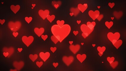 Abstract animation background featuring glowing red bokeh lights shaped like hearts floating perfect for romantic events and digital designs