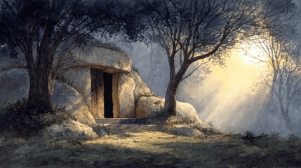 Obraz premium Sunlight shines through trees illuminating a stone structure in a forest. The early morning light creates shadows and highlights on the rocks and surroundings.