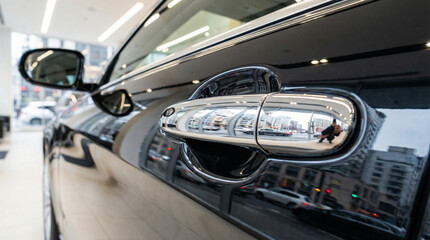 Obraz premium Chrome Door Handle Of Luxury Black Car With City Street Reflection