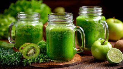 Glass jar mugs with green health smoothie, kale leaves lime apple, kiwi grapes banana, avocado lettuce, raw vegan vegetarian alkaline food , with copy space