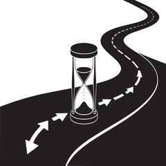 Hourglass on a road with arrows indicating direction in a black and white graphic design style