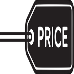 A black price tag with the word price written in white on a white background in simple design