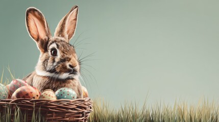A rabbit is resting in a woven basket filled with colorful eggs. The scene takes place in a grassy area highlighting the joy of spring activities like egg hunting.