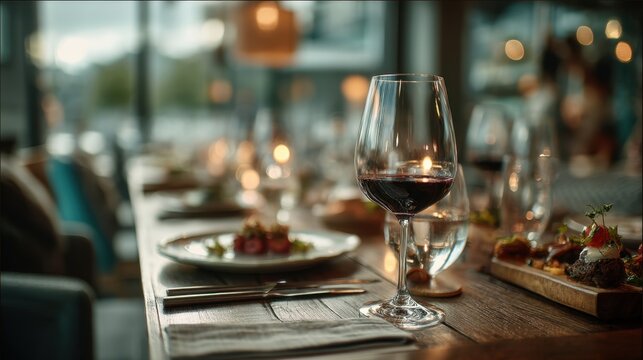 A table is set with plates of food glasses and candles as diners enjoy their meals in a busy restaurant. Evening light creates a warm atmosphere for guests. - Powered by Adobe
