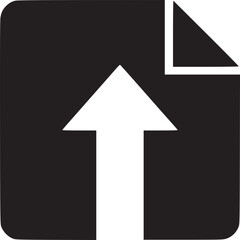 A black upload icon with a paper corner on a white circle against a grey background graphic design
