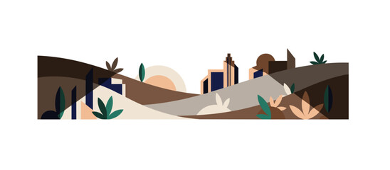 Stylized mountain range illustration with snowy peaks and a winding river, depicted in a cool blue and grey palette with bold outlines and halftone dot shading for a graphic feel