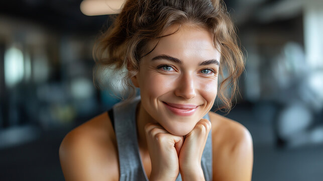 Fitness portrait exercise gym selfie, woman happy about workout, training motivation, body wellness, social media blog, healthy lifestyle , with copy space - Powered by Adobe