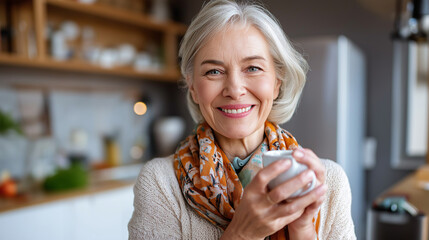 Senior woman holding cup of coffee in kitchen, morning routine, elderly wellness, home comfort, healthy aging , with copy space