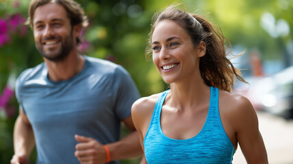 Obraz premium Young man and woman jogging at park, healthy lifestyle, outdoor fitness, partner exercise, wellness activity , with copy space
