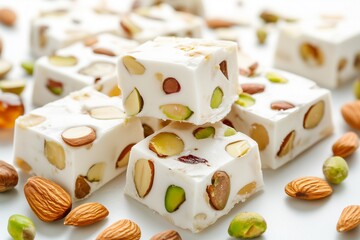 Nougat candy with pistachios and almonds on white background.
