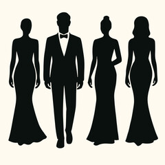 Elegant evening gowns and tuxedos silhouettes
