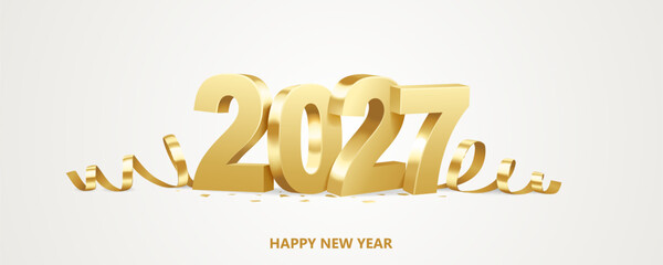 Happy New Year 2027. Golden 3D numbers with ribbons and confetti on a white background.