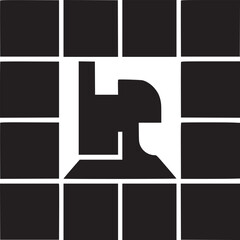 Abstract black and white logo design featuring a geometric shape within a square grid frame