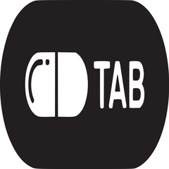 A black oblong shape containing a white pill icon and the word tab on a white background space