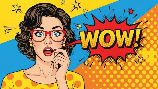 Pop art woman saying wow with glasses and stars