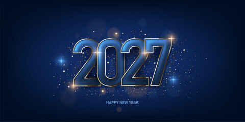 Happy new year 2027 background. Shiny blue colored numbers with golden frame and bokeh light in background. Holiday greeting card design. 