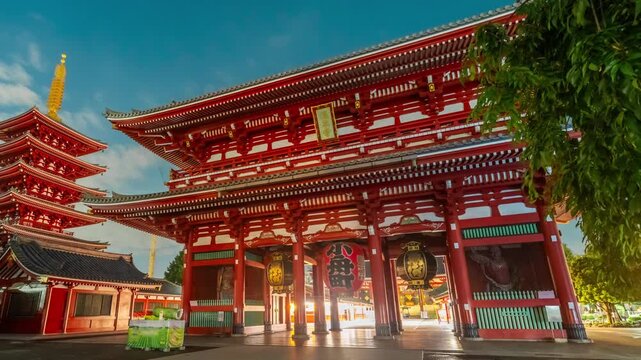 4k timelapse of temple in Asakusa, Tokyo, Japan. the lantern displays the name of the town, and the Chinese words on the board. iconic landmark	