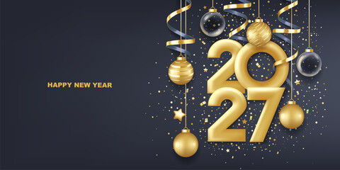 Happy new year 2027. Golden 3D numbers with golden Christmas decoration and confetti on dark blue background. Holiday greeting card design.
