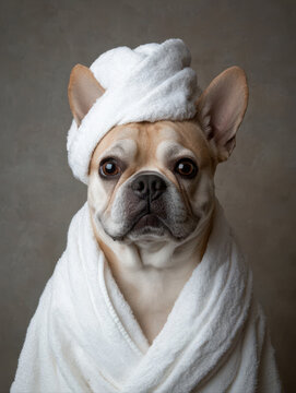 Portrait of a dog dressed for a spa day, wearing a white robe and a towel on its head